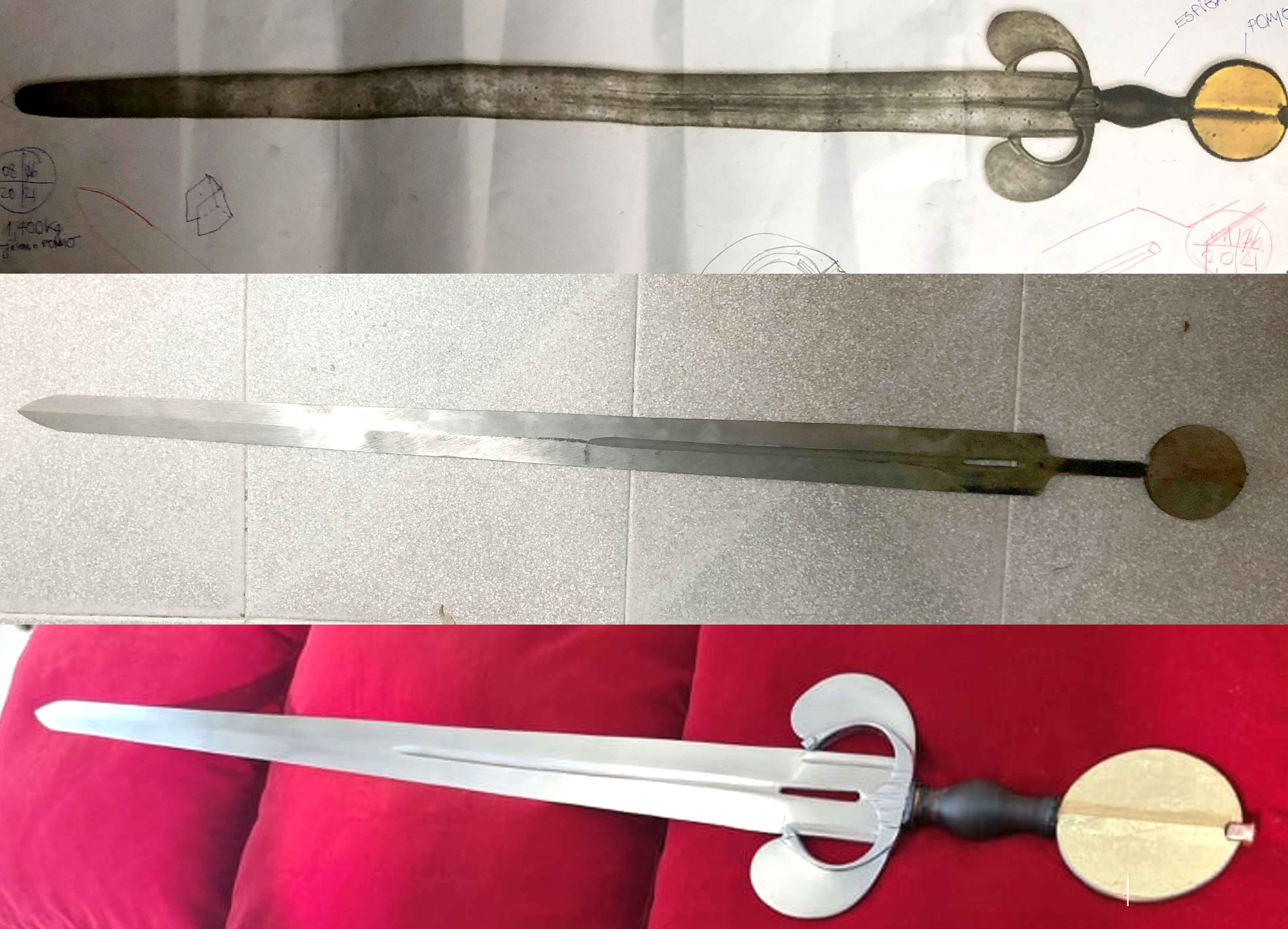 A fotografia com o esquema orientador; a espada antes da têmpera e depois de acabada
